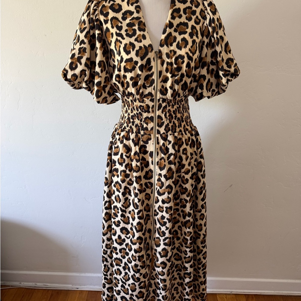 Leopard Print Zip Front Maxi Dress in Beige, Tan & Black
